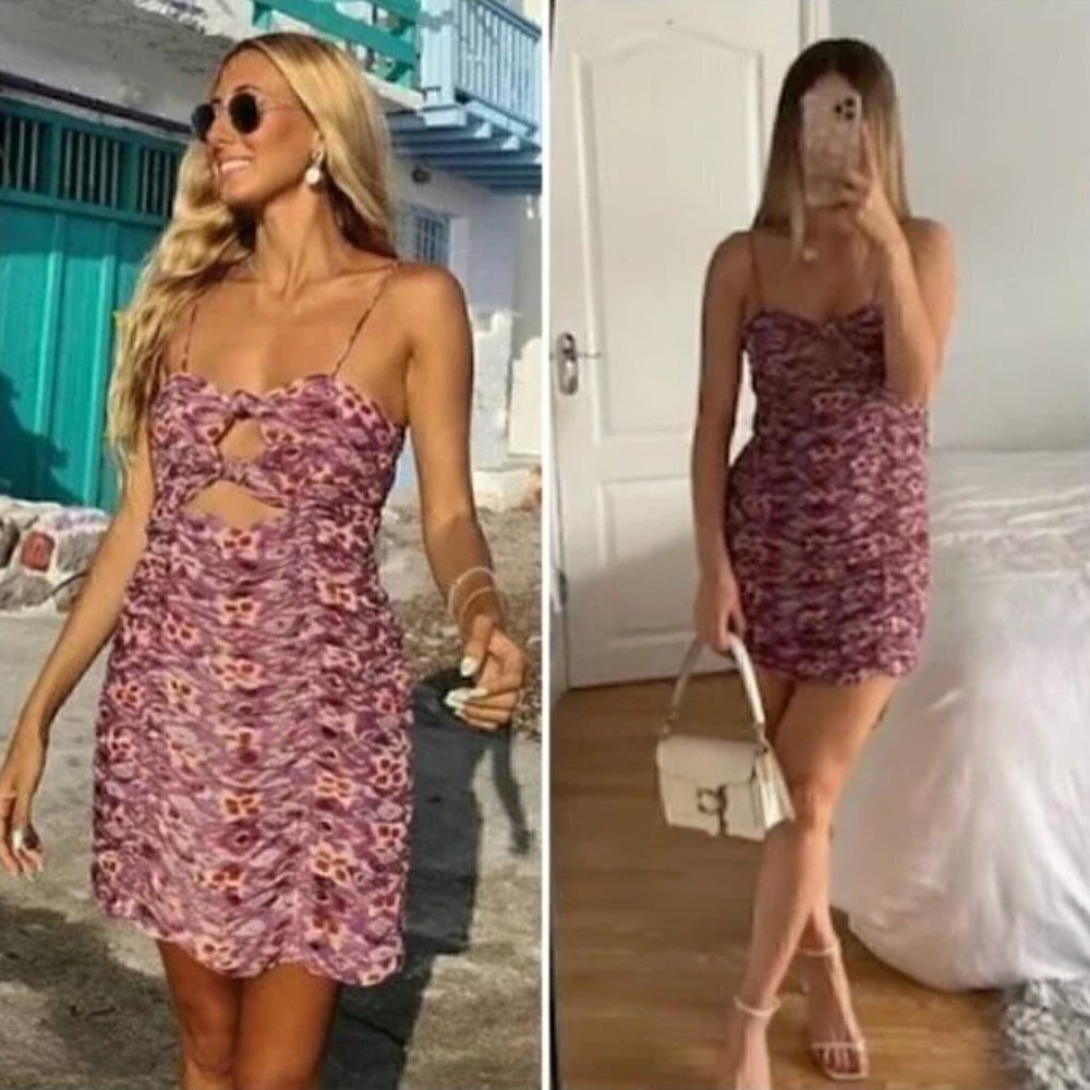 Zara Mini Dress S NWT Purple Printed Ruched Draped Metallic Front Cut Out Celeb